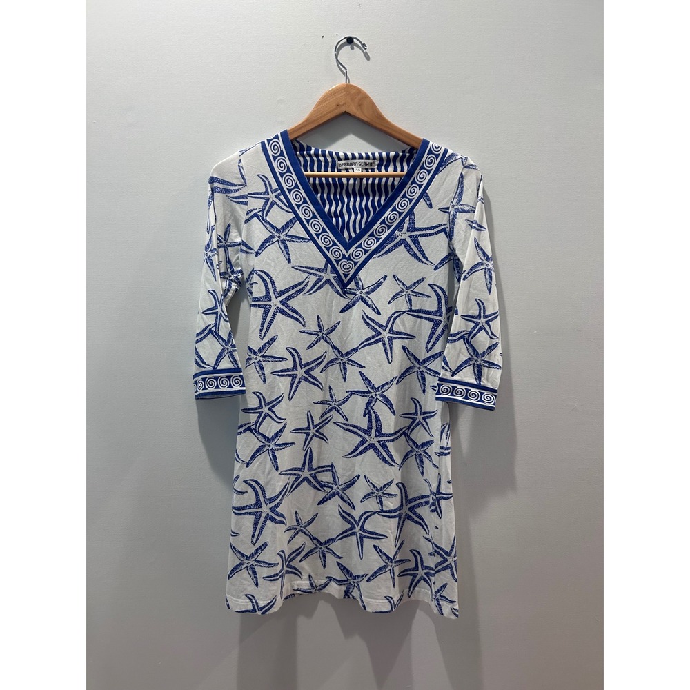 Barbara Gerwit Tunic Dress Womens XS Blue White Starfish Nautical V-Neck